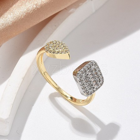 Teardrop & Square Brass Micro Pave Clear Cubic Zirconia Cuff Rings for Women RJEW-U041-24G-1