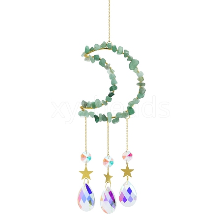 Wire Wrapped Natural Aventurine Chips & Metal Moon Hanging Ornaments PW-WG13974-06-1