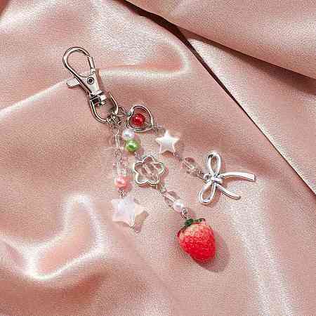 Resin Strawberry & Alloy Bowknot Pendant Decorations HJEW-JM02870-1