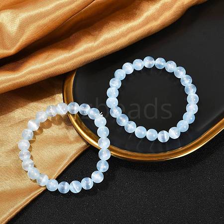 Dyed Natural Selenite Round Beaded Stretch Bracelets for Women G-U005-02G-1