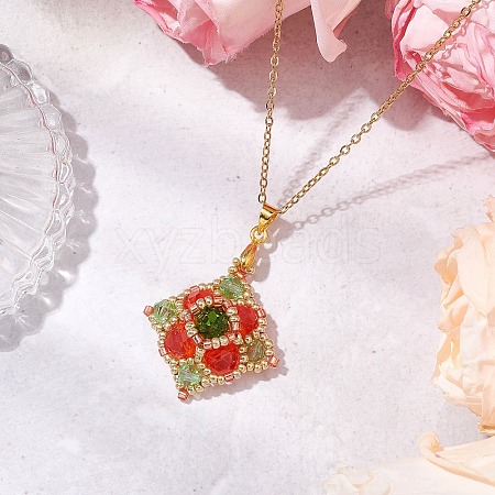 Glass Beaded Rhombus Pendant Necklaces NJEW-MZ00072-03-1