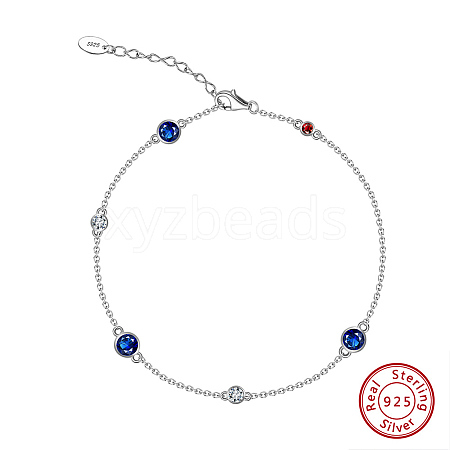 Rhodium Plated 925 Sterling Silver Pave Clear & Blue & Red Cubic Zirconia Cable Chain Bracelets BJEW-K250-02P-1