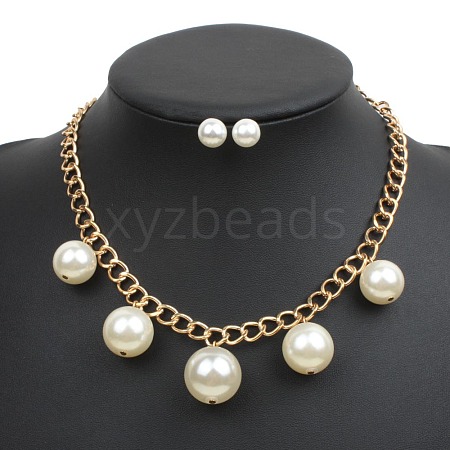 Alloy with ABS Plastic Pearl Round Beaded Necklaces & Stud Earrings Sets for Women WG13E8D-04-1