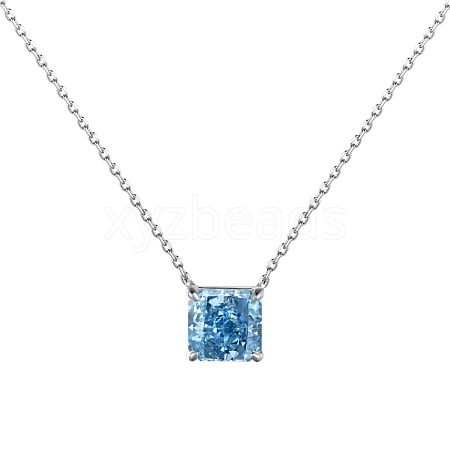 Square Rhodium Plated 925 Sterling Silver Pave 8A Deep Sky Blue Cubic Zirconia Pendant Cable Chain Necklaces for Women NJEW-F330-04P-1