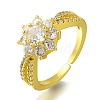 Rack Plating Flower Brass Micro Pave Clear Cubic Zirconia Open Cuff Rings for Women RJEW-H232-01G-1