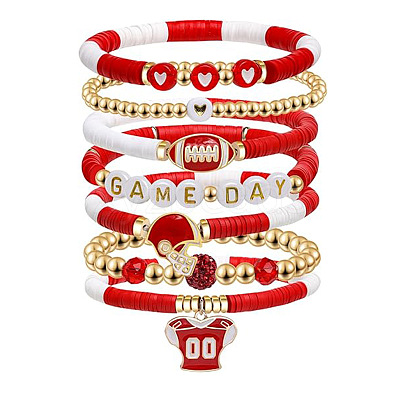 7Pcs Rugby Polymer Clay Heishi & CCB Plastic Beaded Stretch Bracelets Set FS-WGC7825-01-1