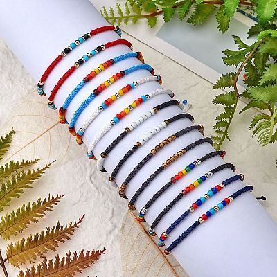 14Pcs 14 Style Glass Seed & 303 Stainless Steel Braided Bead Bracelets and Anklets Set SJEW-SW00003-07-1
