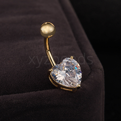 Real 18K Gold Plated Body Jewelry Heart Cubic Zirconia Brass Navel Ring Navel Ring Belly Rings AJEW-EE0001-01A-1