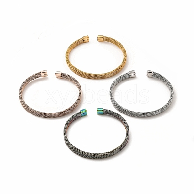 304 Stainless Steel Flat Mesh Chain Shape Open Cuff Bangle for Women BJEW-C033-09-1