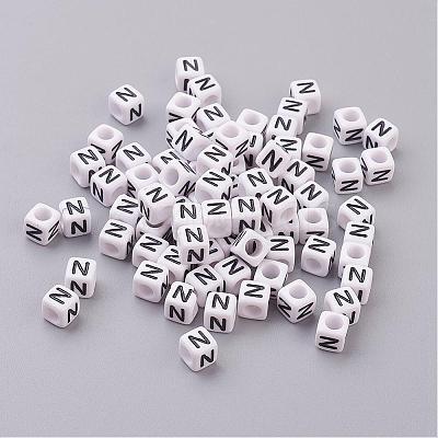 White Letter N Acrylic Cube Beads X-PL37C9308-N-1