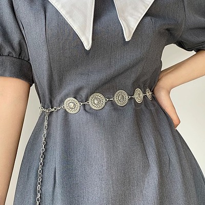 Alloy with Iron Hollow Flat Round Link Chain Waist Belly Chains for Women FS-WG0D649-02-1