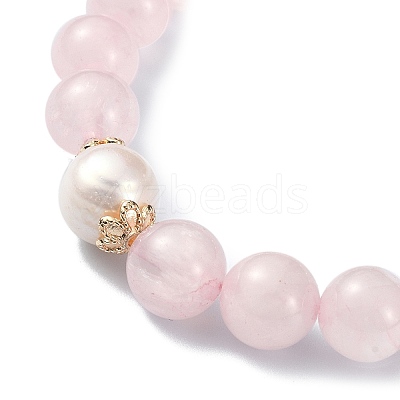 Natural Rose Quartz & Pearl Beaded Stretch Bracelet for Women BJEW-JB09384-02-1