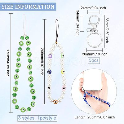 3Pcs 3 Style Glass Pearl & Lampwork & Glass Seed Beads Mobile Straps KEYC-OC0001-19-1