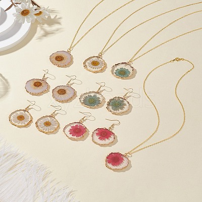 Inner Dried Flower Resin Dangle Earring & Pendant Necklaces Sets SJEW-FS00005-1