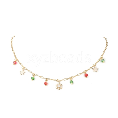 Christmas Brass Pave Clear Cubic Zirconia Snowflake & 304 Stainless Steel Star and Round Glass Tassel Brass Paperclip Chain Bib Necklaces NJEW-JN05504-1