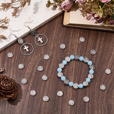 60Pcs Tibetan Style Alloy Flat Round Beads TIBEB-SC0001-58-1