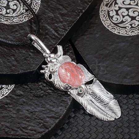 Vintage Cherry Quartz Glass Alloy Feather Pendant Necklace for Women Men AO2435-1-1