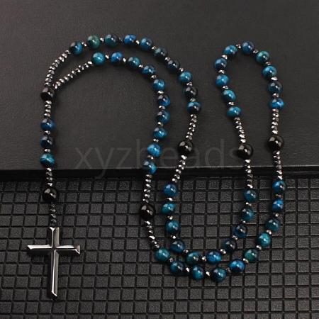 Dyed Natural Blue Tiger Eye Round Beads Long Chain Cross Pendant Necklaces for Men PM3640-4-1