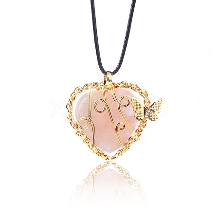 Natural Rose Quartz Metal Wire Wrapped Heart Pendants PW-WG13885-02-1