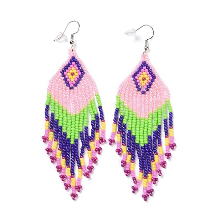 Glass Seed Braided Rhombus with Tassel Chandelier Earrings LS-EJEW-H084-04P-1