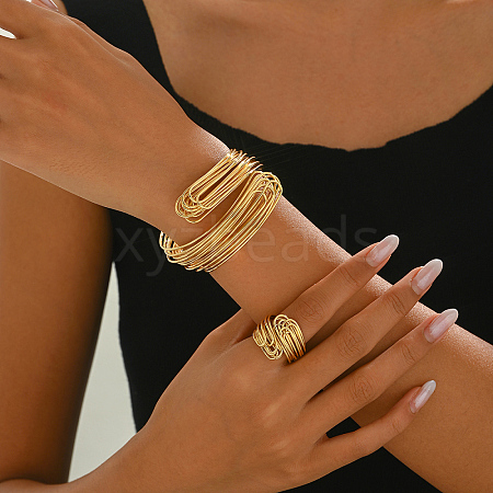 Elegant Brass Multi-layer Cuff Bangles & Rings Sets for Banquets and Parties TV3814-1