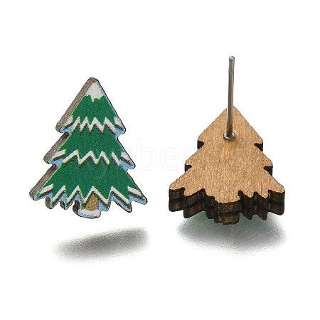 Christmas Printed Wood Stud Earrings for Women EJEW-U025-01D-1