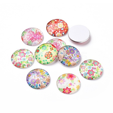 Half Round/Dome Floral Printed Glass Cabochons GGLA-A002-25mm-UU-1