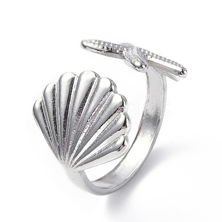 304 Stainless Steel Shell with Starfish Open Cuff Ring for Women RJEW-C046-03P-1