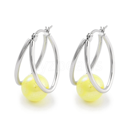 304 Stainless Steel & Plastic Imitation Pearl Oval with Ball Hoop Earrings for Women EJEW-C096-13P-04-1