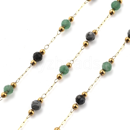 Green Aventurine & Snowflake Obsidian & 304 Stainless Steel Beads Link Chains CHS-K021-01G-01-1