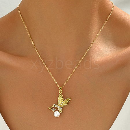 Delicate and Lovely Bird Brass Cubic Zirconia & Imitation Pearl Pendant Necklaces for Women KD2617-1