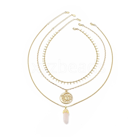 3Pcs 3 Style Natural Rose Quartz Bullet & Alloy Sun Pendant Necklaces Set with Brass Curb Chains for Women NJEW-JN04170-1