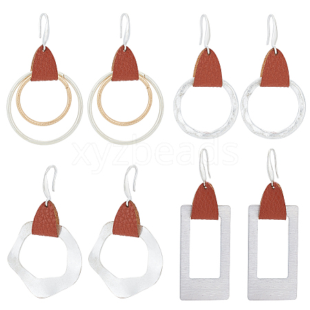 ANATTASOUL 4 Pairs 4 Styles Round & Rectangle & Polygon & Ring Brass Dangle Hoop Earrings EJEW-AN0003-06-1