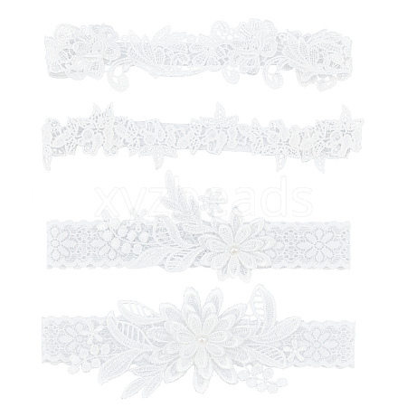 AHANDMAKER 4 Style 4 pcs Polyester Lace Elastic Bridal Garters AJEW-GA0004-01-1