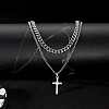 Stainless Steel Hollow Out Cross Pendant Double Layer Necklace with Cable Chains for Men Women PW-WG88E37-01-1