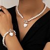 Plastic Imitation Pearl Beaded & Alloy Heart Pendant Necklaces & Charm Bracelet Sets for Women FS-WG63549-02-1