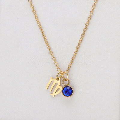 304 Stainless Steel Sapphire Rhinestone Birth Stone Constellation Pendant Necklaces FS-WG76580-09-1