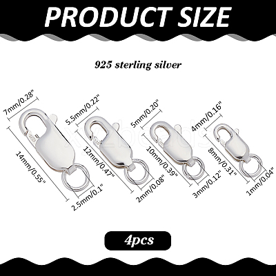 4Pcs 4 Styles 925 Sterling Silver Lobster Claw Clasps STER-ME0001-33S-1