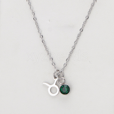 304 Stainless Steel Emerald Rhinestone Birth Stone Constellation Pendant Necklaces FS-WG76580-17-1