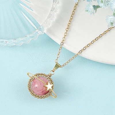 Dyed Natural Green Jade Copper Wire Wrapped Planet Pendant Brass Cable Chain Necklaces for Women NJEW-TA00260-01-1