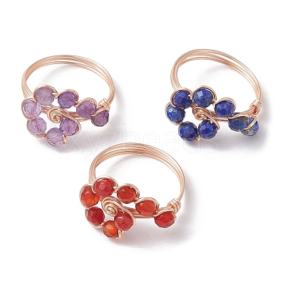 3Pcs 3 Style Natural Mixed Gemstone Braided Beaded Finger Rings Set RJEW-TA00106-1