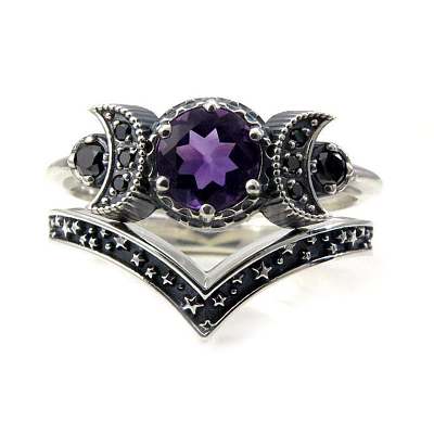 Gothic Purple Crystal Ring with Triple Moon Goddess - Black Diamond Jewelry for Women ST1124546-1