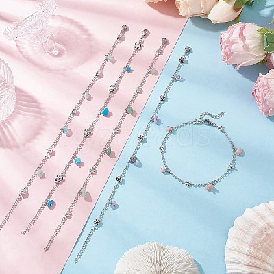 5Pcs 5 Styles Natural & Synthetic Gemstone Chip Tassel Alloy Link Anklets AJEW-AN00696-1