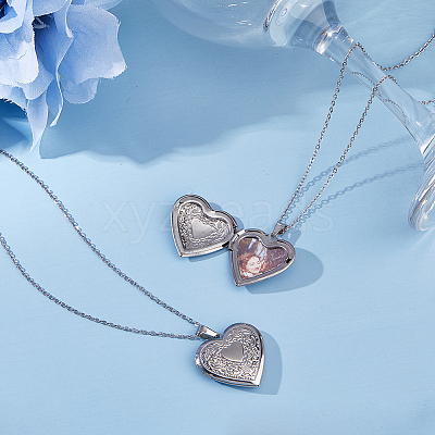 2Pcs 316 Surgical Stainless Steel Heart Photo Locket Pendant Cable Chain Necklaces for Women NJEW-DC0001-15P-1