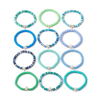 12Pcs 12 Color Polymer Clay Heishi Surfer Stretch Bracelets Set BJEW-JB10011-1