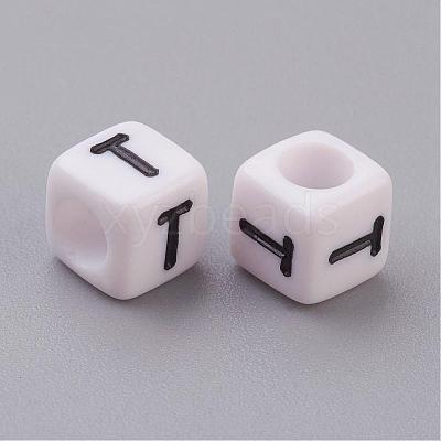Letter T White Letter Acrylic Cube Beads X-PL37C9308-T-1