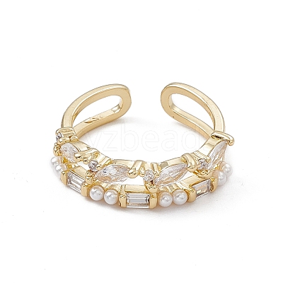 Clear Cubic Zirconia Horse Eye Open Cuff Ring with Plastic Pearl Beaded RJEW-G276-12G-1
