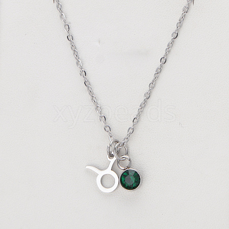 304 Stainless Steel Emerald Rhinestone Birth Stone Constellation Pendant Necklaces FS-WG76580-17-1