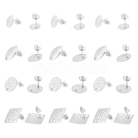 Unicraftale 24Pcs 4 Style Round Oval Rhombus 304 Stainless Steel Stud Earring Findings STAS-UN0056-21-1