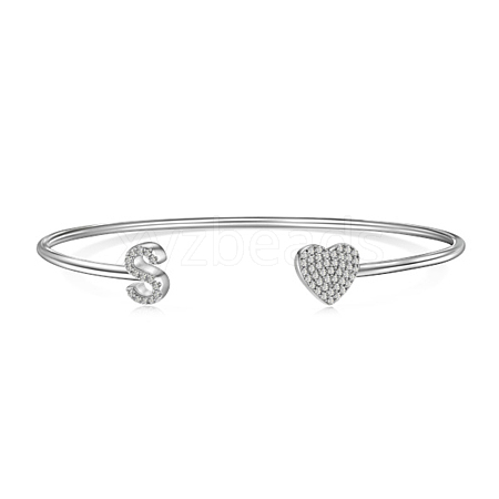 Anti-Tarnish Heart & Letter Rhodium Plated 925 Sterling Silver Micro Pave Cubic Zirconia Cuff Bangles for Women BJEW-C062-01S-P-1